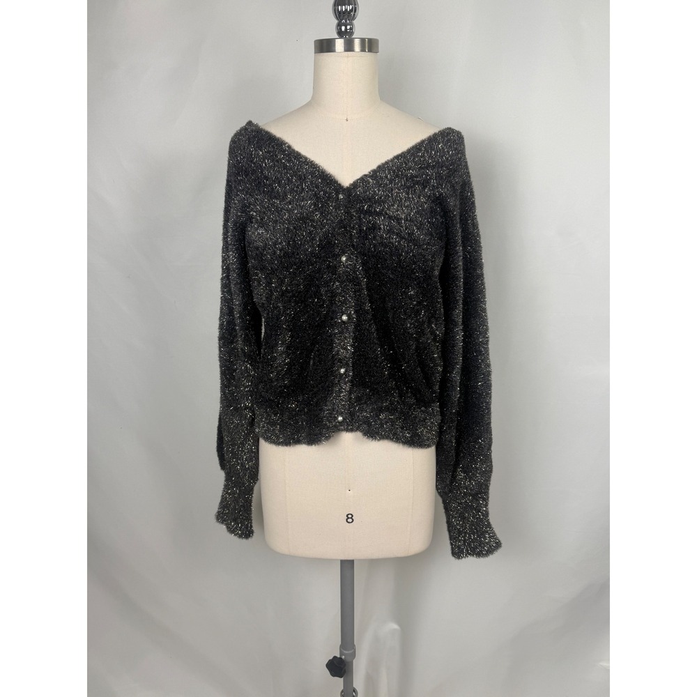 ON 34th Large Cropped Black Tinsel Sparkly Cardigan Nightlife Club Vamp Party